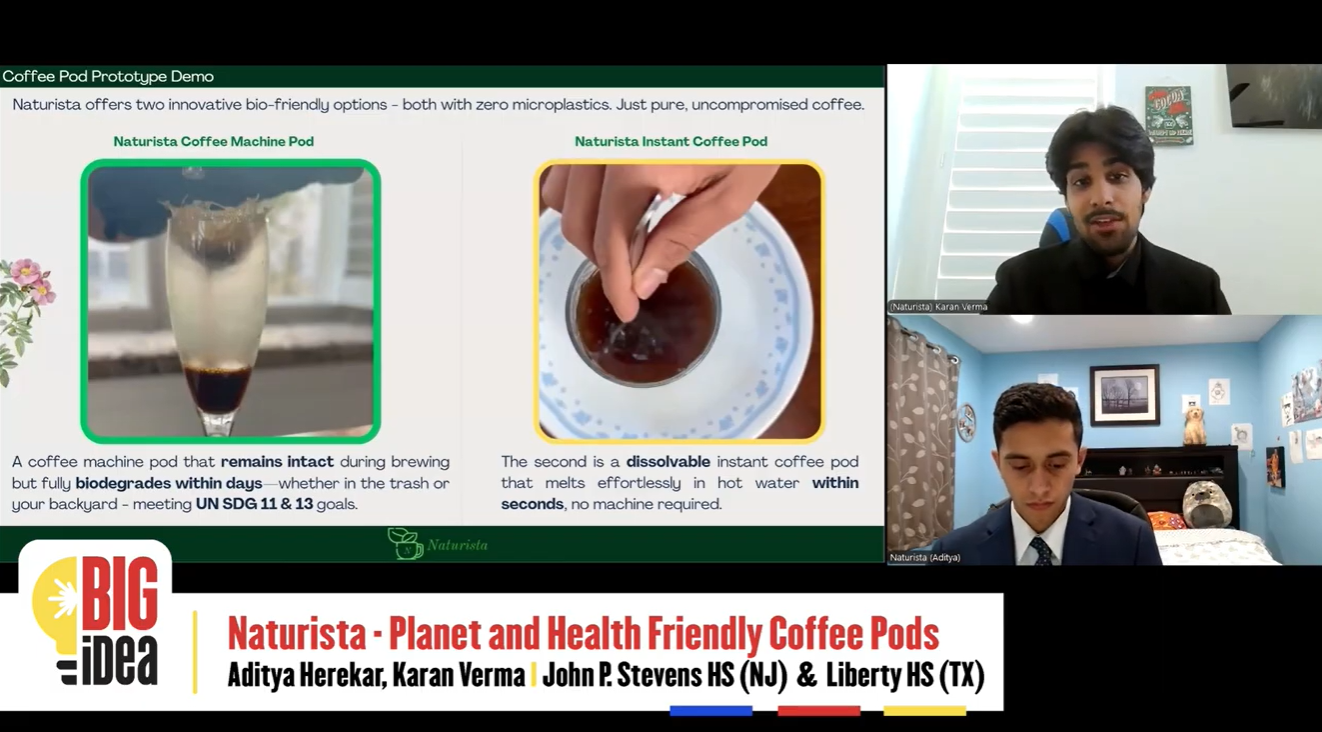 Coffee pod prototype demonstration slide from the Naturista Big Idea Competition pitch
