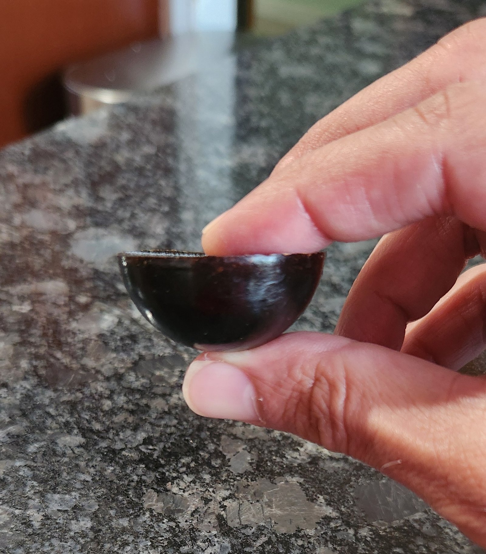 A Naturista instant pod held between two fingers, a dark dome of coffee sealed in a thin pullulan shell