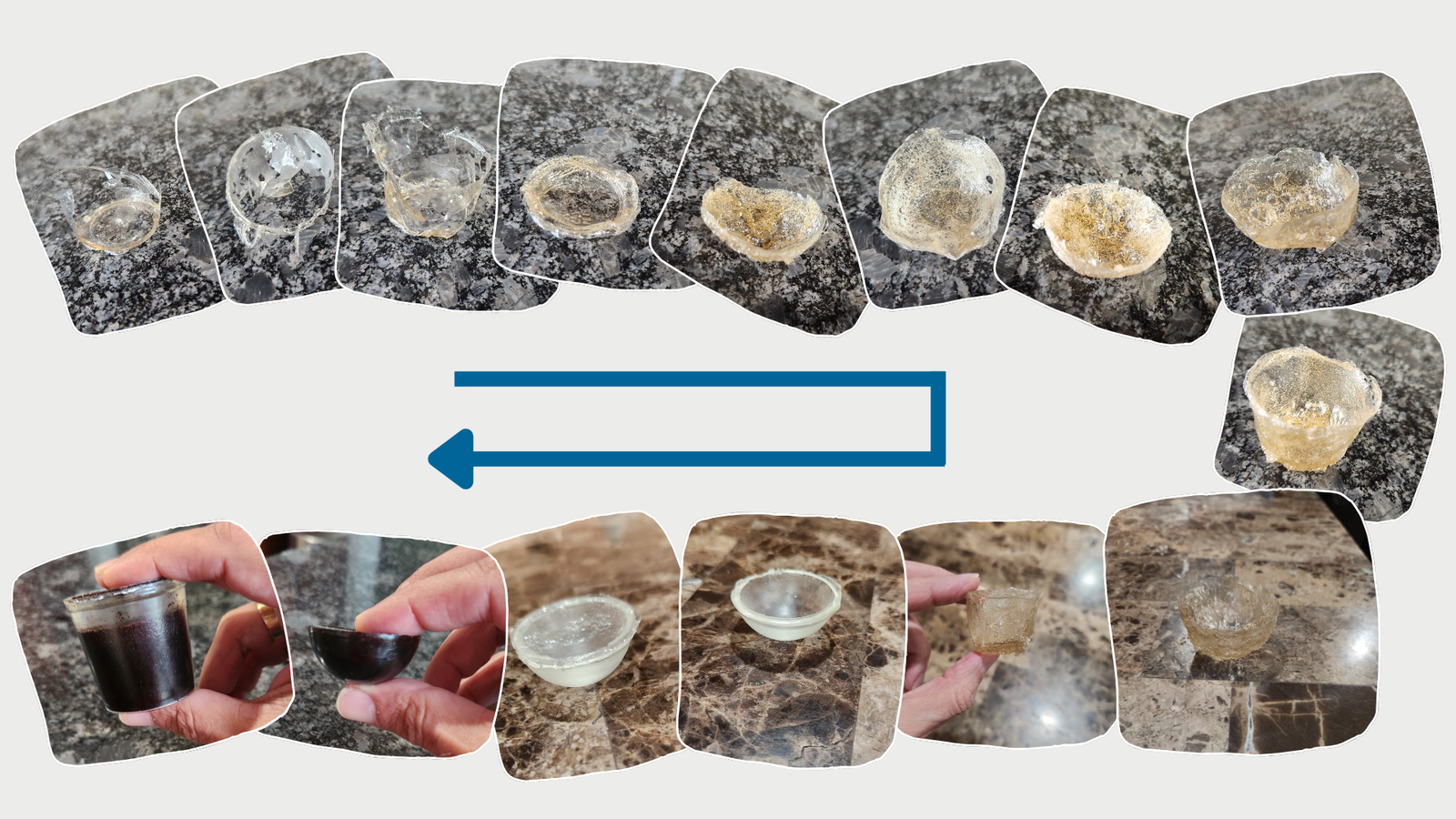Fifteen cast pullulan shells arranged in order, from thin clear films through brittle cups to a finished pod holding brewed coffee